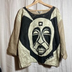 Denise Goring Artwear Shirt Hand Painted African Mask‎ Beige Boxy Top Streetwear